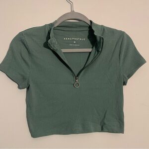 Aeropostale Green Ribbed Crop Top Half Zip O Ring Short Sleeve M